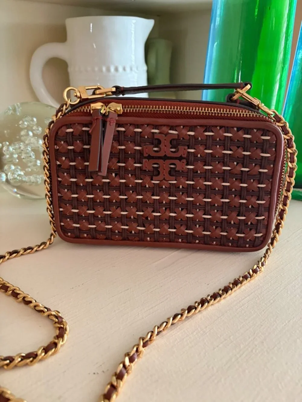 TORY BURCH Britten Woven Small Top Handle Case Bag Brown Gold Crossbody